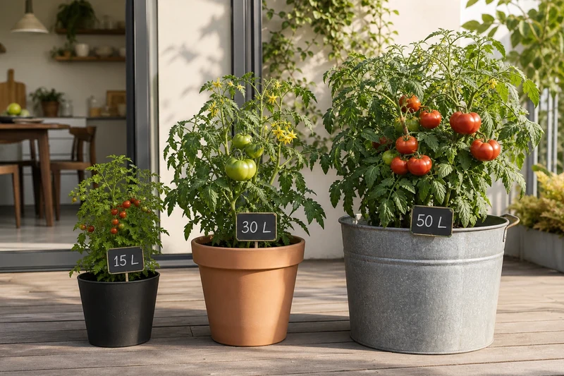 Trois tailles de pots pour tomate : moins de 20 L, 20 à 40 L, plus de 40 L