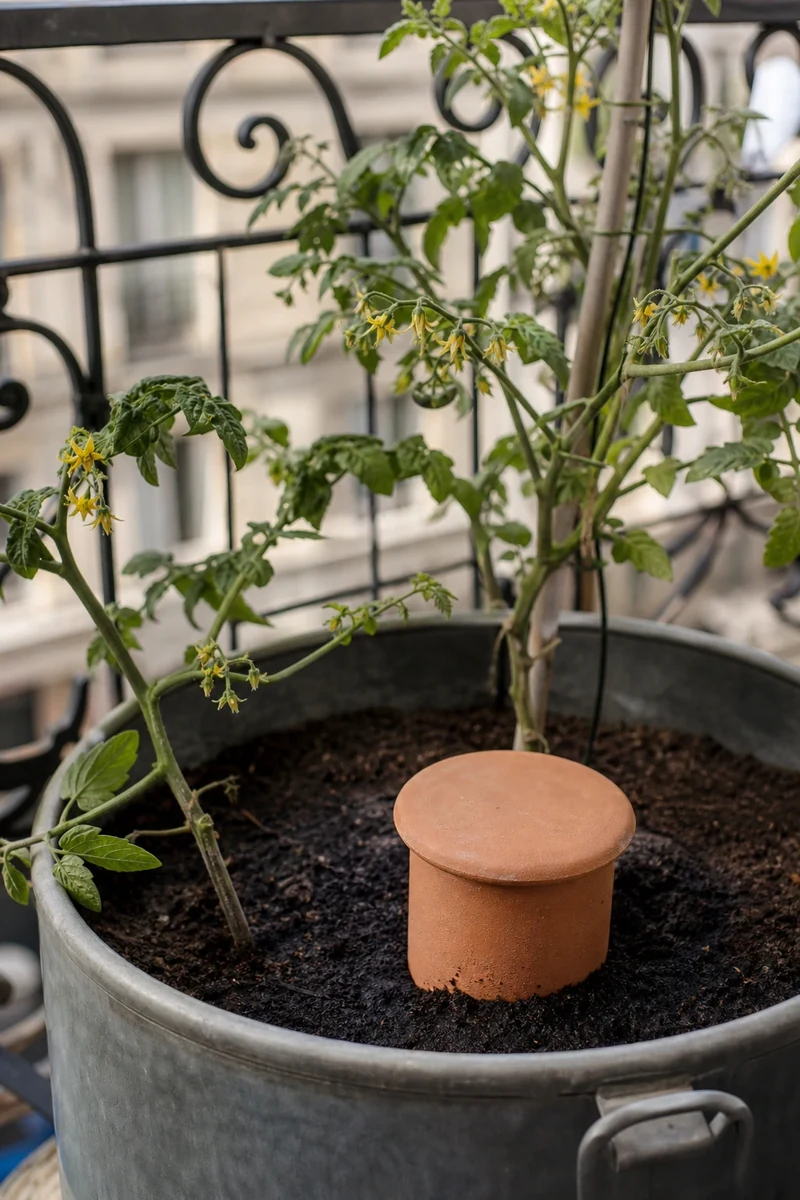 Oya en terre cuite enterrée dans un pot de tomate pour arrosage progressif