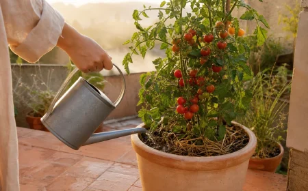 Arrosage matinal d'un plant de tomate en pot sur terrasse française en canicule