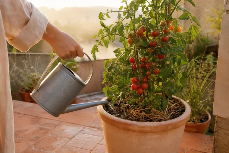 Arrosage matinal d'un plant de tomate en pot sur terrasse française en canicule
