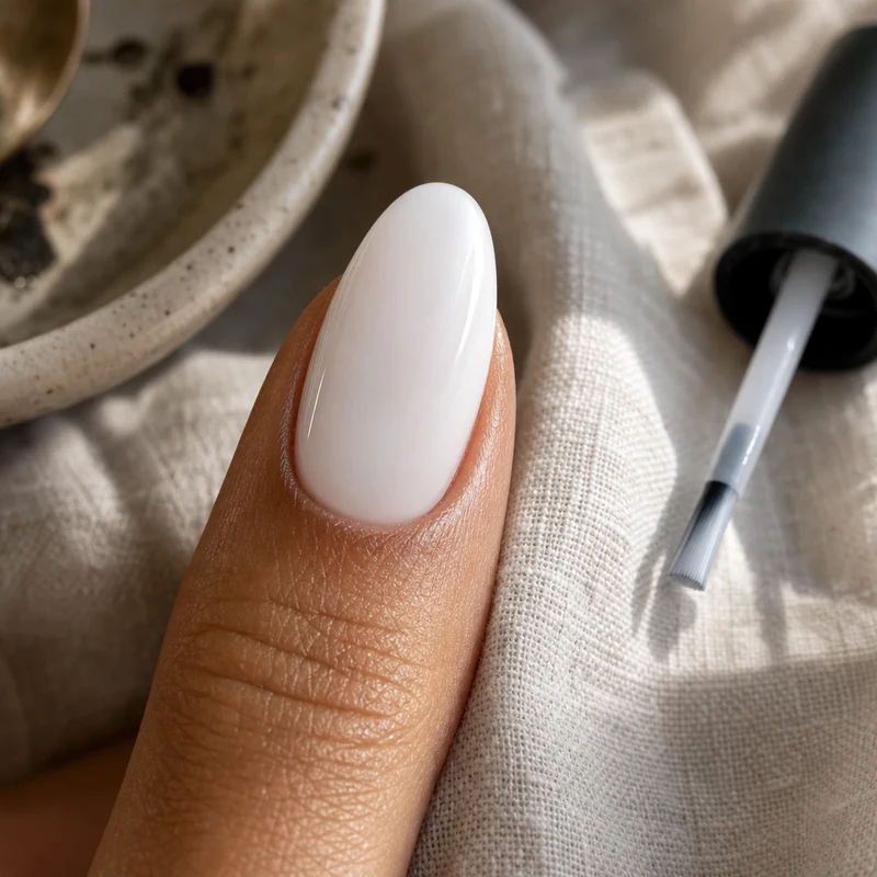 Étape 1 aura nails : application de la base milky sur l'ongle