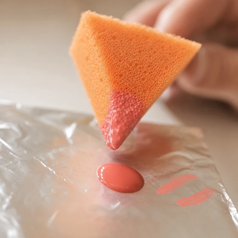 Éponge triangulaire chargée de vernis corail après déchargement sur aluminium
