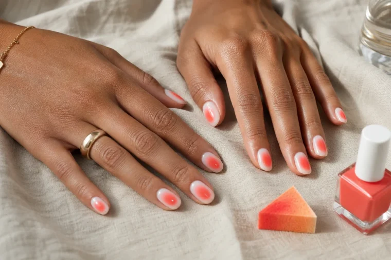 Mains bronzées portant des aura nails corail sur base milky avec halo lumineux au centre de chaque ongle