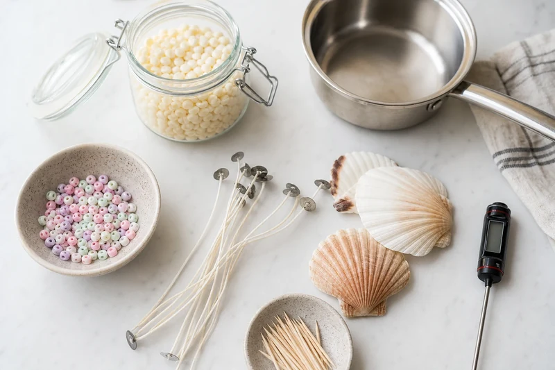Matériel nécessaire pour fabriquer des bougies coquillages : cire de soja, mèches, coquilles Saint-Jacques et perles