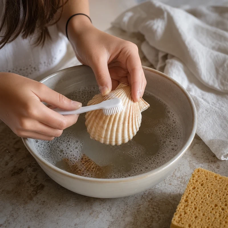 Nettoyage d'une coquille Saint-Jacques à la brosse à dents et à l'eau savonneuse