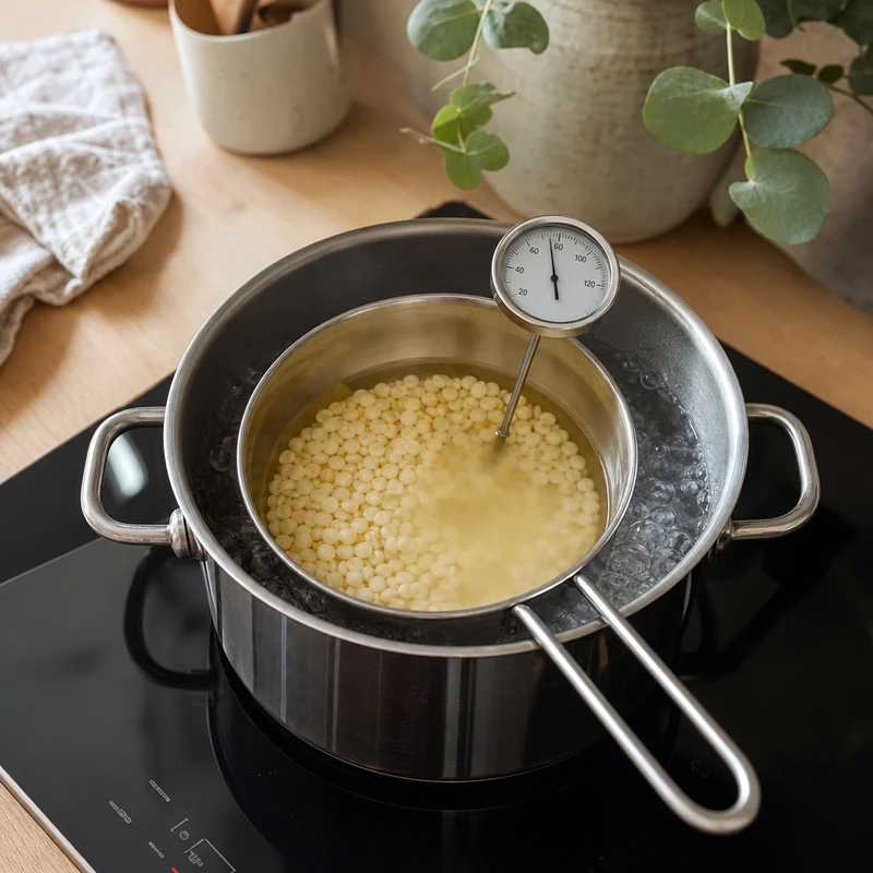 Cire de soja qui fond au bain-marie avec thermomètre indiquant 65 °C