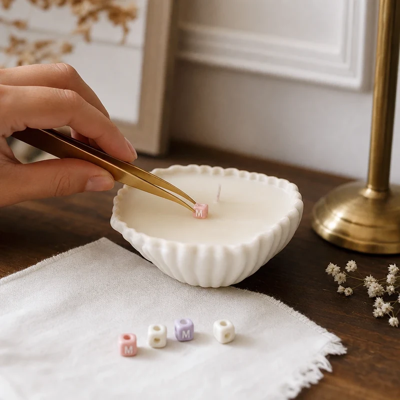 Perles-lettres déposées à la pince à épiler sur la surface de la bougie coquillage
