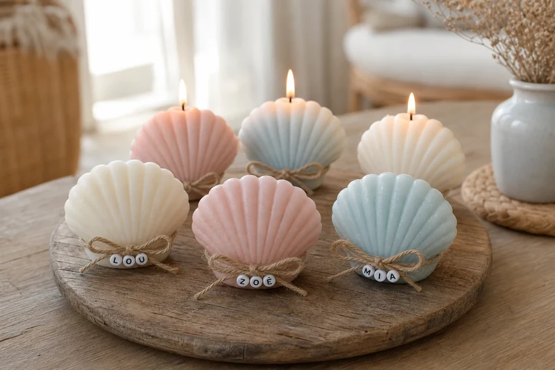 Six bougies coquillages personnalisées avec prénoms disposées en cercle sur un plateau