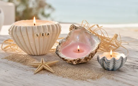 Trois bougies coquillages DIY allumées sur une table en bois avec perles-lettres formant un prénom