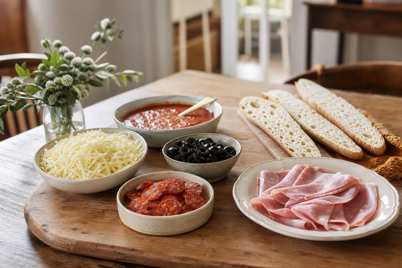 Mise en place des ingrédients pour pizza-baguettes : sauce tomate, mozzarella, jambon, olives, chorizo