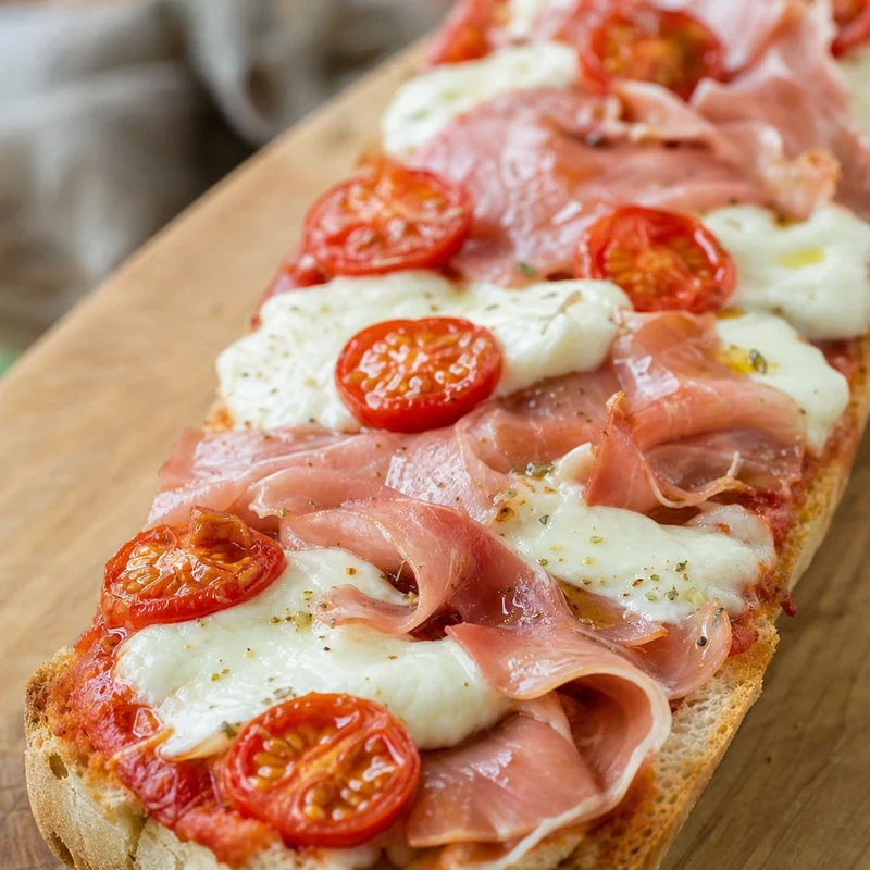 Gros plan sur le garnissage d'une pizza-baguette jambon-mozzarella-tomates cerise