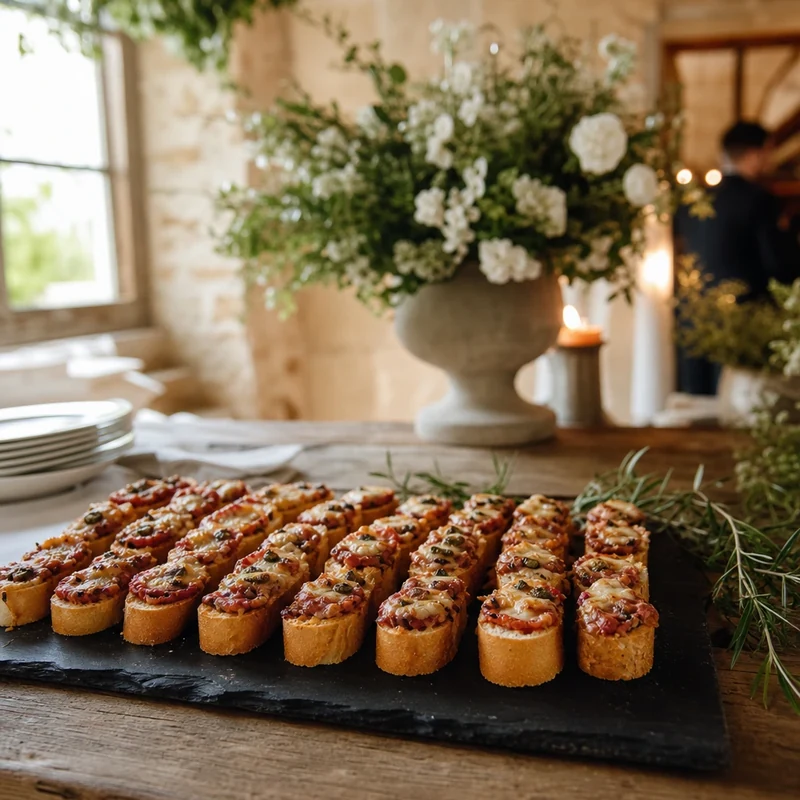 Mini pizza-baguettes en tronçons dressées sur ardoise pour buffet de mariage