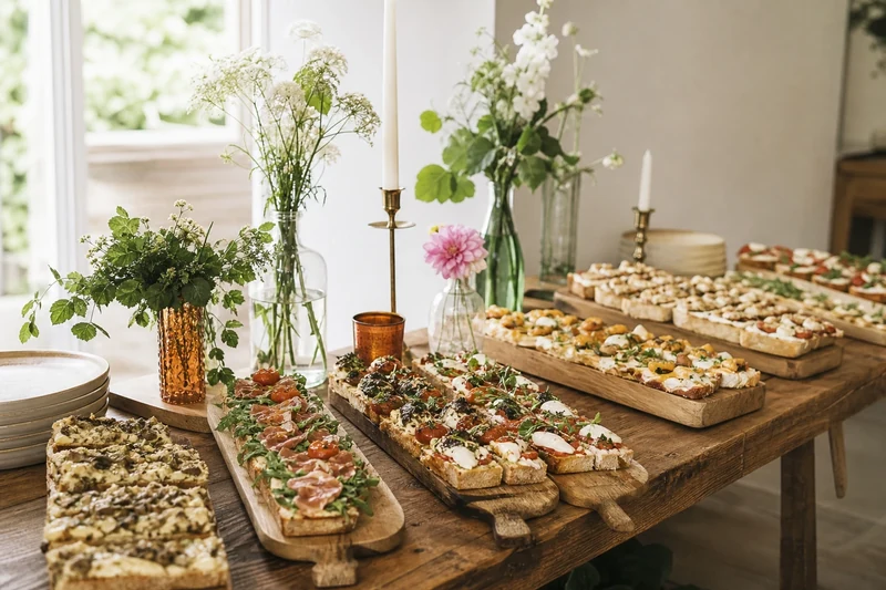 Buffet de pizza-baguettes gastronomiques dressé pour un mariage champêtre en été