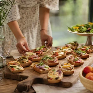 Buffet de pizza-baguettes multi-garnitures sur planche en bois, dressage garden-party