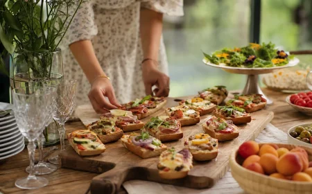 Buffet de pizza-baguettes multi-garnitures sur planche en bois, dressage garden-party