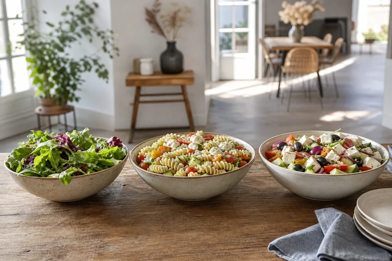 Trois saladiers côte à côte : mesclun, salade de pâtes et salade grecque