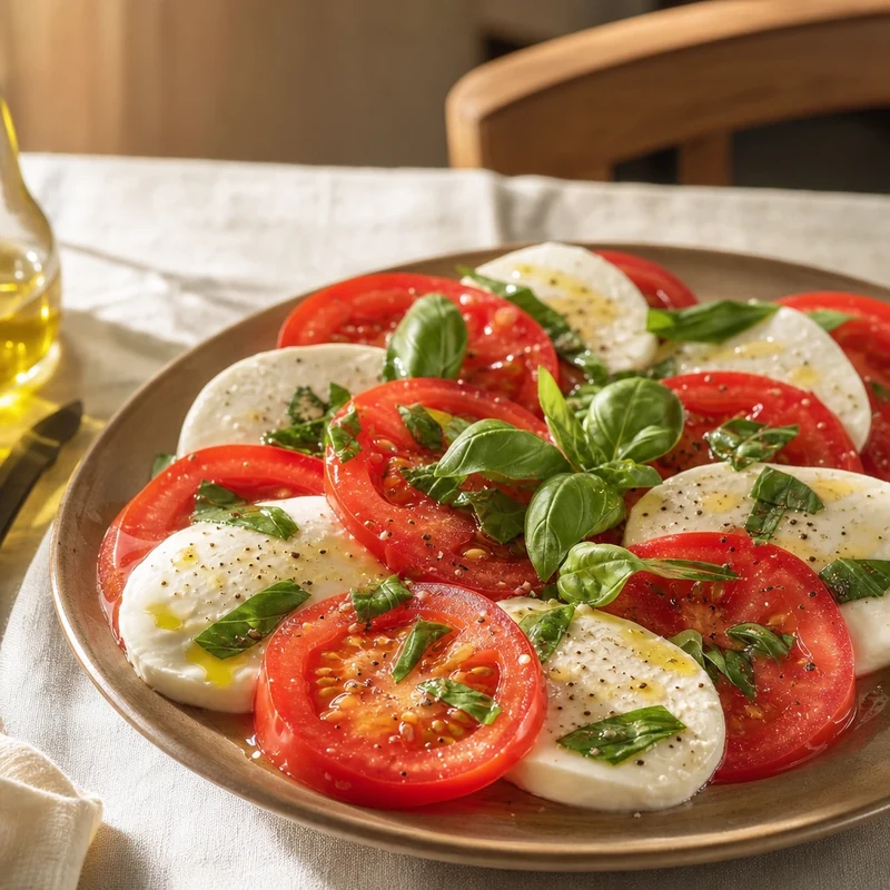 Gros plan de salade tomates-mozzarella-basilic avec filet d'huile d'olive