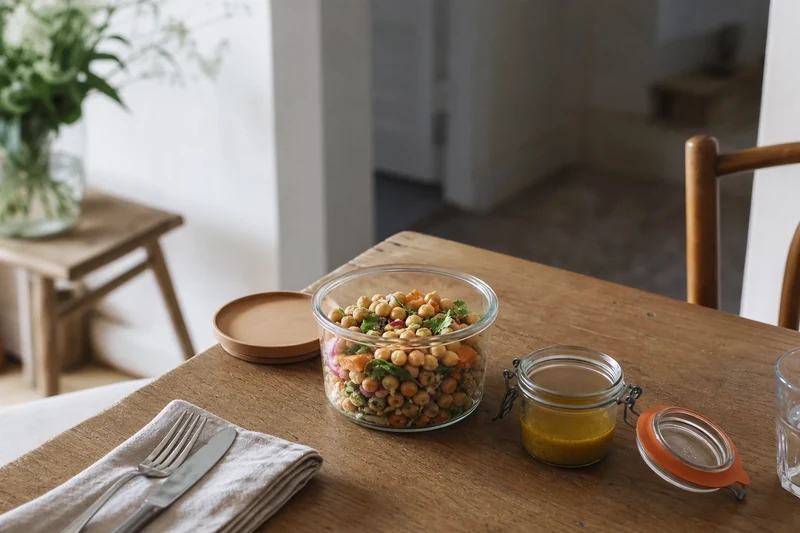 Salade de pois chiches préparée la veille avec vinaigrette dans un petit bocal séparé