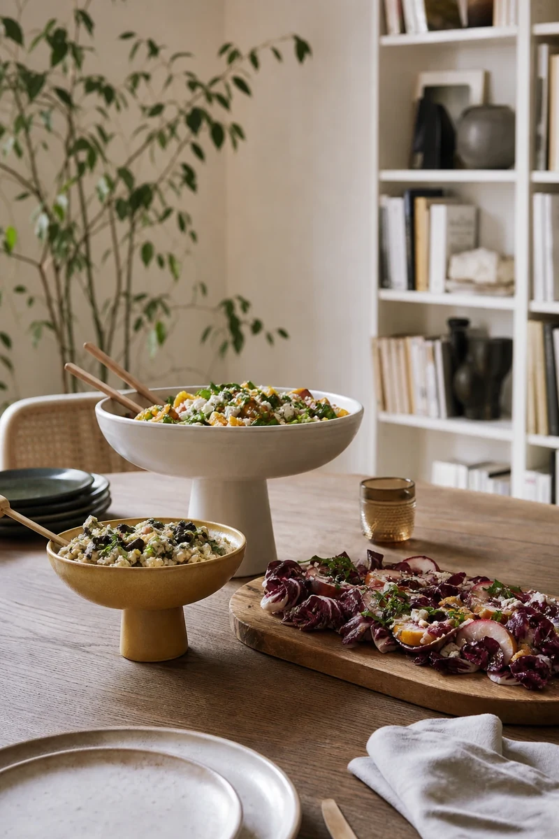 Buffet de salades en jeu de hauteurs : saladier surélevé, planche basse, coupelle sur pied