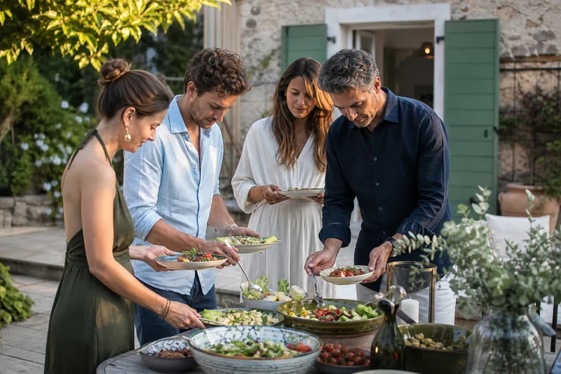 Quatre convives se servent au buffet de salades autour d'une table de jardin en fin d'après-midi
