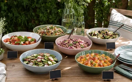 Buffet de salades d'été dressé sur table en bois dans un jardin, six saladiers colorés et étiquettes ardoise