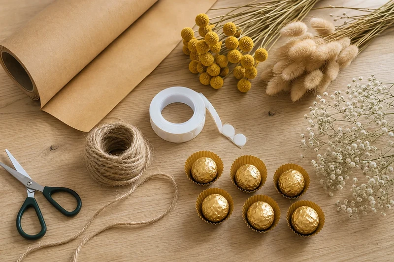 Matériel pour cadeau d'invité DIY : papier kraft, ficelle de jute, fleurs séchées et pralines dorées