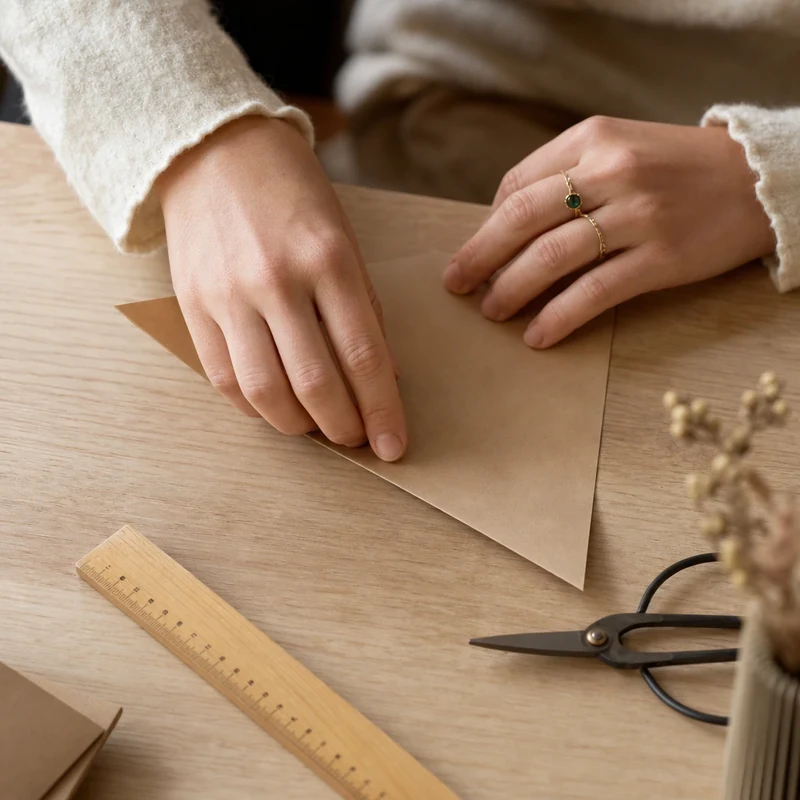Étape 1 du cornet DIY : plier le carré de papier kraft en diagonale