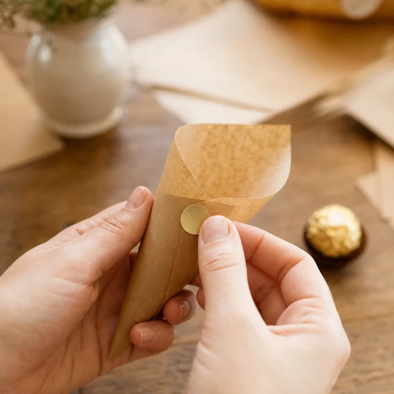 Étape 2 : rouler le kraft en cornet et fermer avec une pastille adhésive