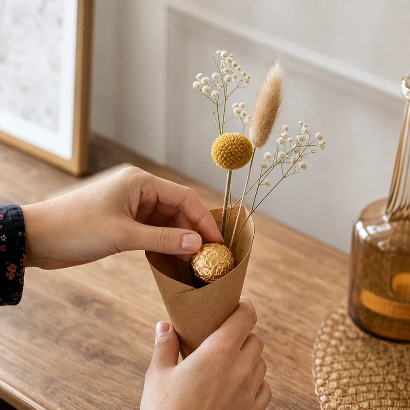 Étape 3 : garnir le cornet avec la praline et les fleurs séchées