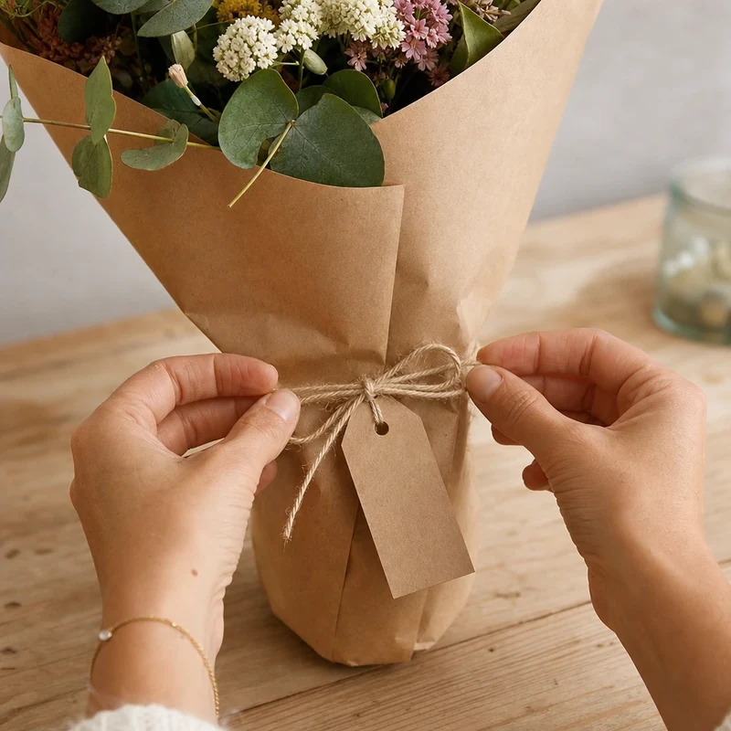 Étape 4 : nouer le cornet avec de la ficelle de jute et une étiquette prénom