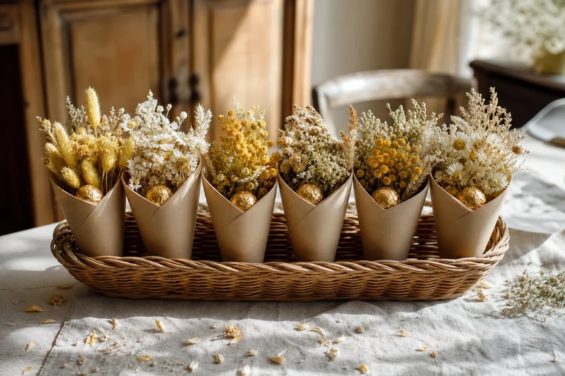 Six cornets DIY terminés présentés dans une corbeille en osier pour la garden-party