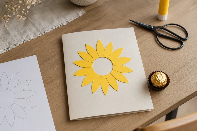 Carte tournesol DIY prête à recevoir la praline dorée au centre