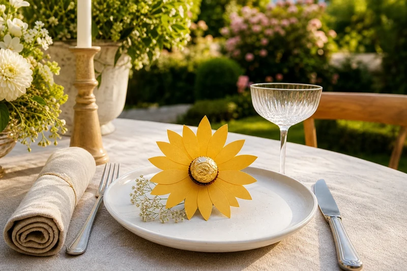 Carte tournesol avec praline dorée présentée sur assiette de garden-party