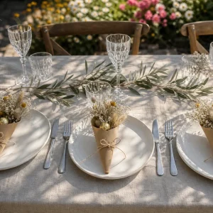 Cadeaux d'invités pour garden-party posés sur assiettes : cornets en papier kraft avec fleurs séchées et praline dorée
