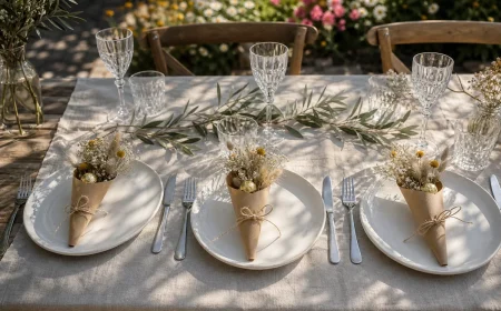 Cadeaux d'invités pour garden-party posés sur assiettes : cornets en papier kraft avec fleurs séchées et praline dorée