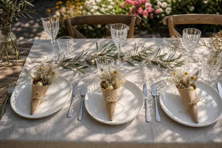 Cadeaux d'invités pour garden-party posés sur assiettes : cornets en papier kraft avec fleurs séchées et praline dorée