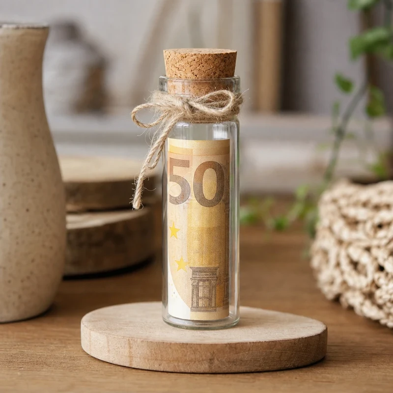 Mini-éprouvette en verre avec billet roulé, attachée par une ficelle de jute