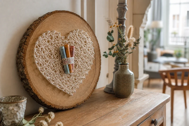 Cœur en string art blanc crème sur rondelle de chêne avec billets roulés glissés entre les fils