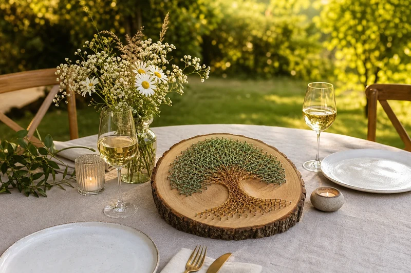 Table de fête d'anniversaire de mariage en extérieur avec la rondelle string art posée au centre