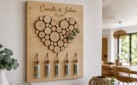 Tableau en bois avec cœur en rondelles de bouleau et éprouvettes contenant des billets, cadeau pour noces de bois