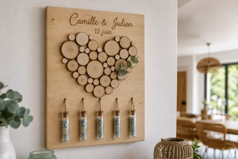 Tableau en bois avec cœur en rondelles de bouleau et éprouvettes contenant des billets, cadeau pour noces de bois