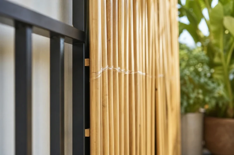 Détail de fixation d'une canisse bambou avec lame d'air de 2 cm derrière pour laisser respirer les tiges