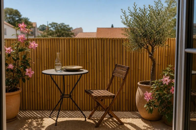 Balcon habillé d'une canisse bambou fraîchement huilée teinte miel, pots de dipladenia et olivier en pot