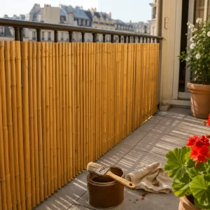 Canisse bambou tiges rondes sur balcon plein sud, pinceau et pot de saturateur teck posés à côté pour traitement UV annuel