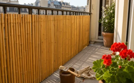 Canisse bambou tiges rondes sur balcon plein sud, pinceau et pot de saturateur teck posés à côté pour traitement UV annuel
