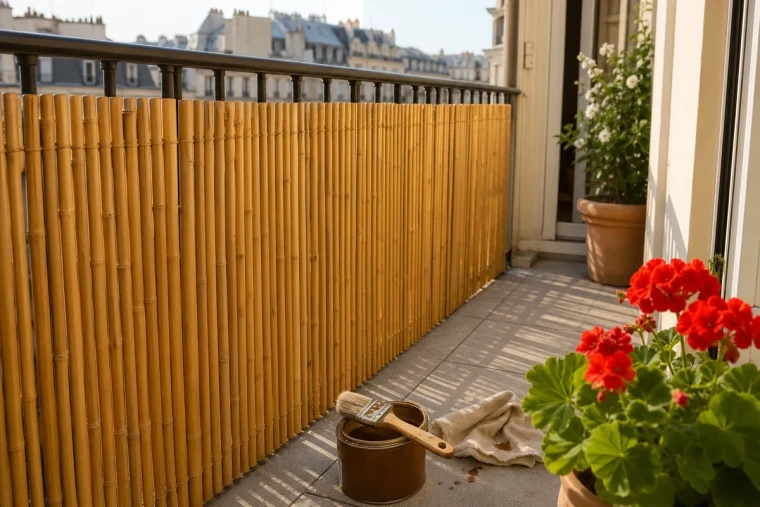 Canisse bambou tiges rondes sur balcon plein sud, pinceau et pot de saturateur teck posés à côté pour traitement UV annuel