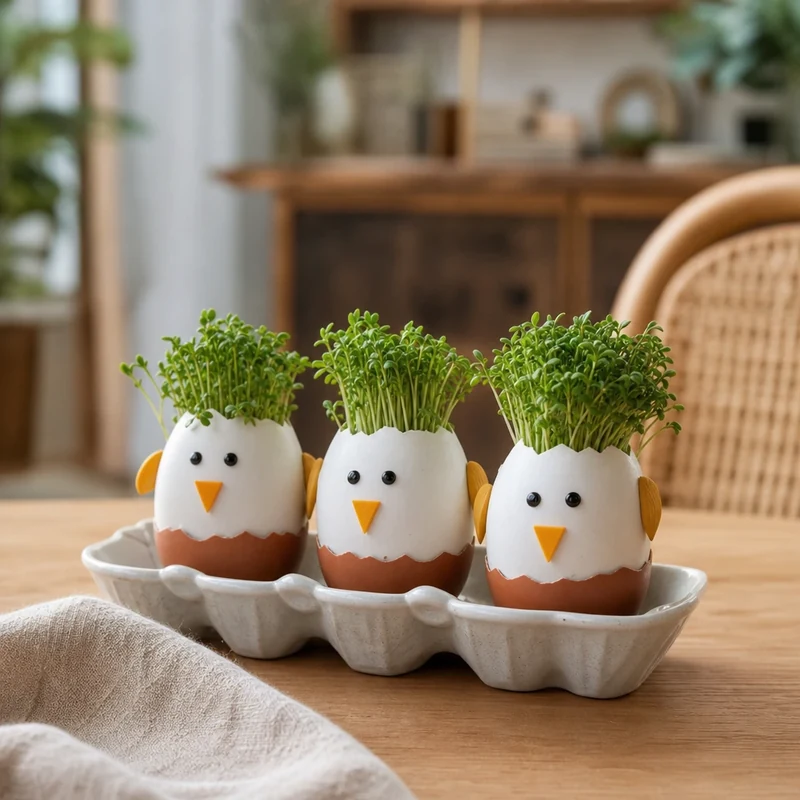 Poussins de cresse faits maison avec capsules Kinder Surprise et pousses de cresson vertes