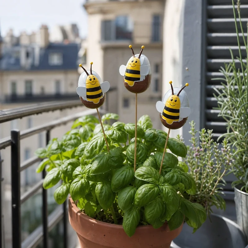 Trois abeilles décoratives en capsules Kinder Surprise piquées dans un pot de basilic sur un balcon