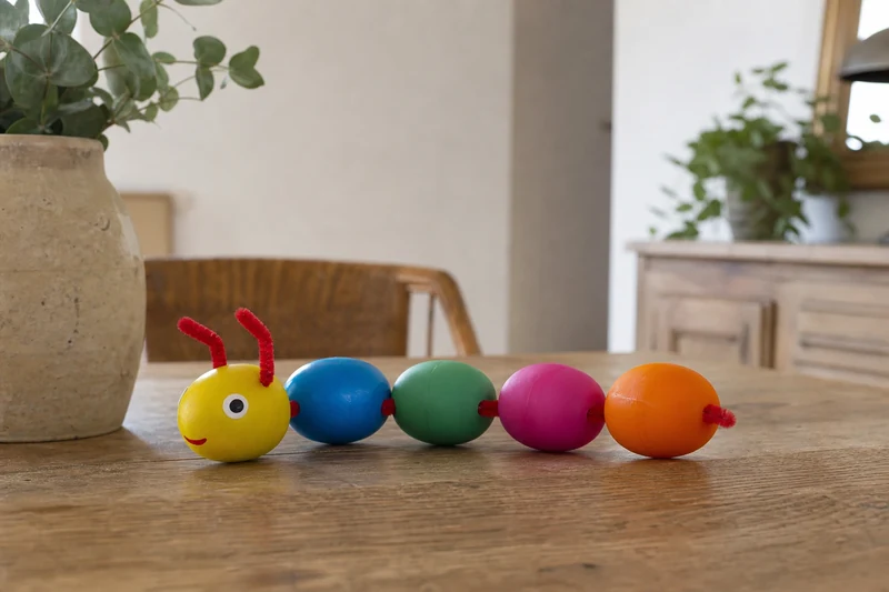 Chenille multicolore composée de cinq capsules Kinder Surprise repeintes reliées par un cure-pipe rouge