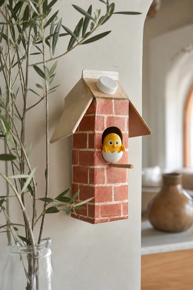 Mini-nichoir en brique de jus recyclée avec poussin en capsule Kinder Surprise perché à l'entrée
